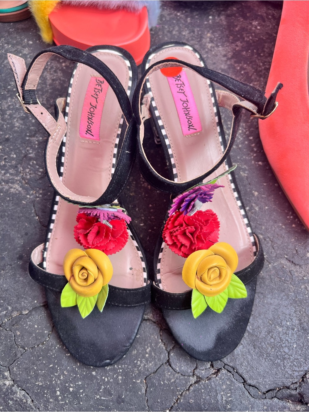 Betsey Johnson Black Floral Appliqué Slingback Heels with Yellow & Red Flowers